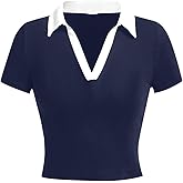 Avanova Women Polo Collared V Neck Tee Shirts Ringer Short Sleeve Crop Tops