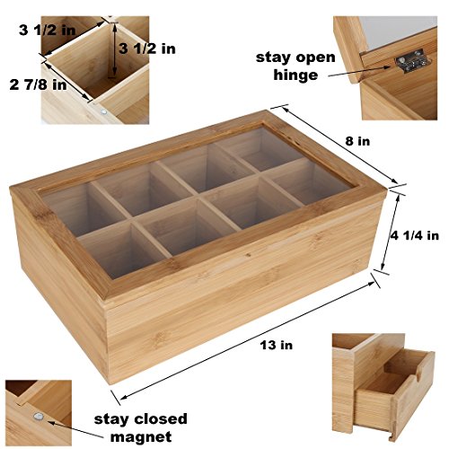 Lilys-Home-Bamboo-Wood-Tea-Box-Chest-Organizer-With-Slide-Out-Drawer-8-Storage-Compartments-Clear-Shatterproof-Hinged-Lid-and-Magnetic-Lock