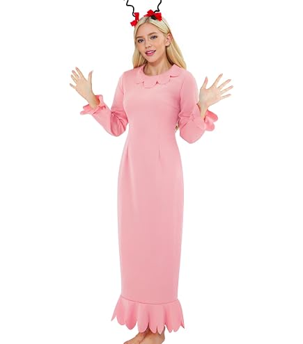 Women Christmas Cindy Lo Who Costume Adult Pink Dress Long Sleeve Xmas Dr Saus Outfits with Headband S : Clothing, Shoes & Jewelry