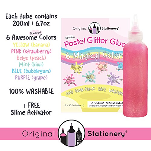 Glitter Glue Slime Supplies Kit for Girls [PASTEL COLORS, FRUIT SCENTED, WASHABLE] Great Stuff for Kids [SLIME ACTIVATOR INCLUDED] Clear Glue Set For Making Red Blue Pink Green Yellow Purple Slimes - Thumbnail 2