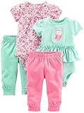 Simple Joys by Carter's Baby Girls' 4-Piece Bodysuit and Pant Set, Pink Floral/Mint Owl, 6-9 Months