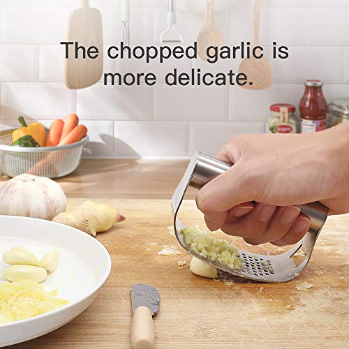 Stainless Steel Garlic Press Rocker Set Garlic Crusher Mincer with Opener, Silicone Tube Peeler