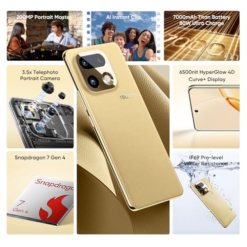 realme 16 Pro+ 5G Smartphone 8 + 256 GB, Gold Master, 6.8 Inch AMOLED 144 Hz, 80 W Ultra Fast Charging, 7000 mAh Battery, Triple Camera 200 MP, Snapdragon 7 Gen4, Front Camera 50 MP, IP69