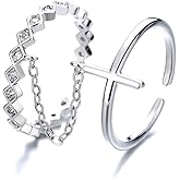 NewZenro Double Open Cross Faith Rings for Women Silver Plated CZ Geometric Chain Unique knuckle Stacking Finger Adjustable Statement Engagement Ring Gifts for Her Bff Xmas