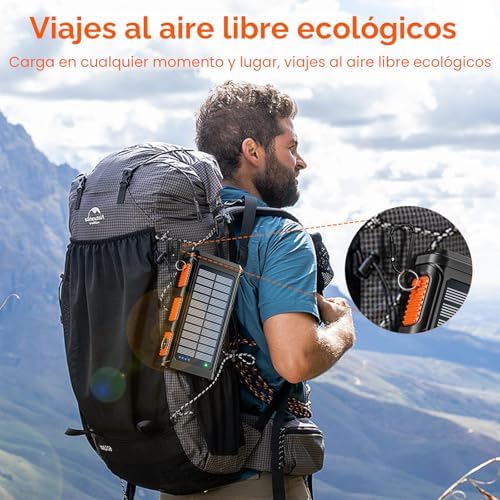 26800mAh Power Bank Solar Inalámbrico con Manivela y 4 Cables, Carga Rápida