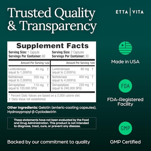 Potent Nattokinase 4000 FU Serrapeptase 240000 SPU Lumbrokinase 2000 FU Supplement - Proteolytic Enzymes Capsules for Energy Support, Digestion, Detox, Cognition & Gut Health for Men & Women