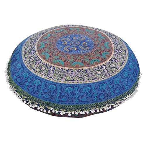 KMG Kimloog Round Pillow Cover, Decorative Mandala Pillow Sham, Indian Bohemian Ottoman Poufs, Outdoor Cushion Cover, Pom Pom (C)