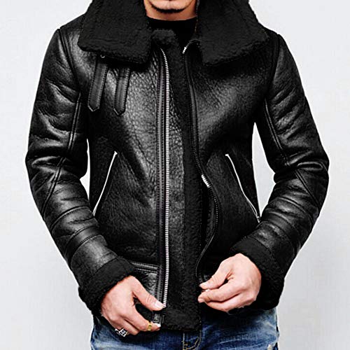 Autumn Winter Highneck Warm Fur Liner Lapel Leather Zipper Outwear Top Coat Men Black