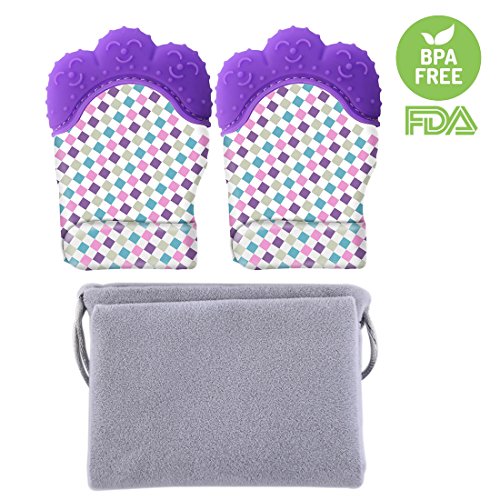 Teething Mitten, FenglinTech 2PCS Baby Soothing Teether Crawling Protective Gloves with Hygienic Travel Bag - (Purple)