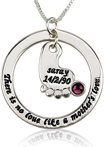 Personalized Custom Sterling Silver Mother's Baby Footprint Love Necklace with Birthstone Jewelry