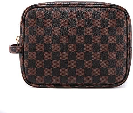 Luxury Checkered Toiletry Bag, Travel Cosmetic Wash Bag Unisex Make Up Bags Vintage PU Vegan Leather Travel Shaving Dopp Kit with Handle (Brown)
