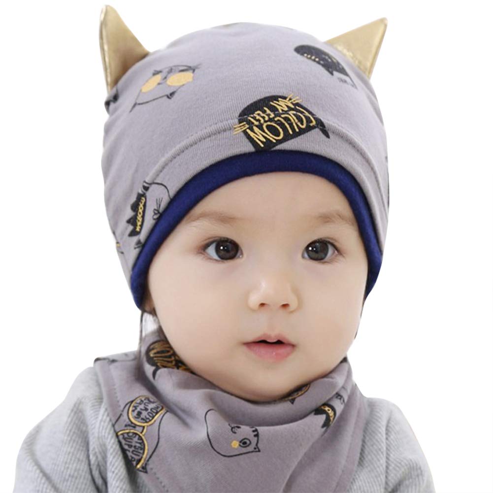 Cute Baby Hat and Scarf Set Cotton Kids Toddler Beanie Hat Infant Newborn Hat Cat Print Skull Hat Cap and Neckerchief Bibs Neck Scarf Wrap Baby Gift for 0-6-12 Months Boys Girls