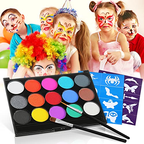 Skymore Trucco Bambini, Body Painting,15 Colori Pittura Facciale con 2 Pennelli, Feste, Trucco Make-up, del Fronte di Corpo di Vernice Pittura Olio Trucco