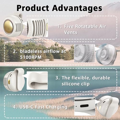 Ahuccf Portable Clip-On Fan, Mini USB Rechargeable 360° Rotatable Fan, Personal Fan 3-Speed Silent Mini Bladeless Fans (White)