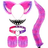 6 PCS Purple Cat Costume Accessories Kits for Women - Include Pink and Purple Striped Furry Cat Ears Headband Tails Gloves Collar and Sticker for Halloween Kitty Cosplay Kits Read Book Day Dress Up