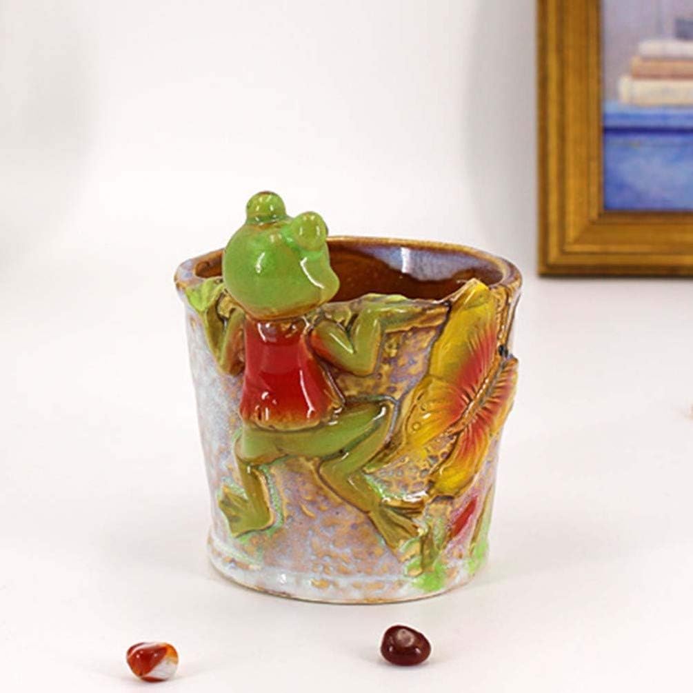 Yardwe 1PCS Frog Succulent Planter Pot Creative Frog Pots Mini Ceramic Plants Container Pen Pencial Holder for Home Office (Round) - Image 4