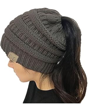 Women's Winter Knit Cup Beanie Tail Ponytail Winter Warm Stretch High Bun Knit Hat
