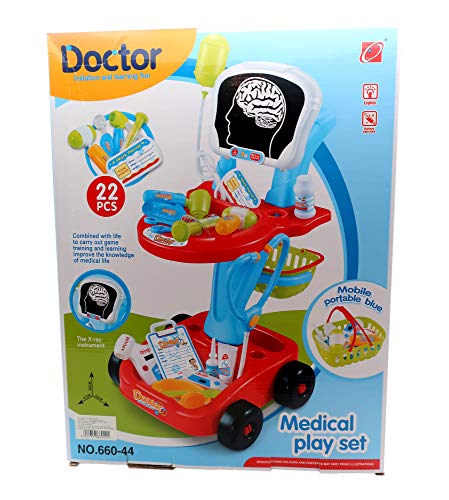 Pretend Role Play Doctor Medical Set includes X-Ray Cart /Trolley! 22 pieces Medical Accessories w/ some lighted medical instruments. Perfect Gift for the Budding Young Dr. or Nurse! (Red / Blue)