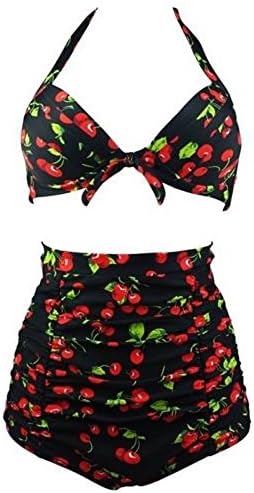 Retro Vintage Halter High-Waisted Bikini Polka Floral Swimsuit Cherry XLarge