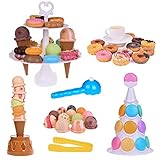 FUN LITTLE TOYS Scoop Stacking Ice Cream Cone and Desserts Tower-54Pcs Pretend Food Play Set for Kids Balancing Game,Birthday Party Favors