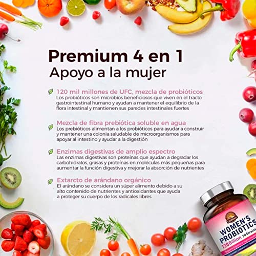 Blanca Probióticos para mujer Vitalitown Con prebióticos, enzimas digestivas y arándanos Vegano y sin OMG 30 cápsulas vegetales 30 cepas