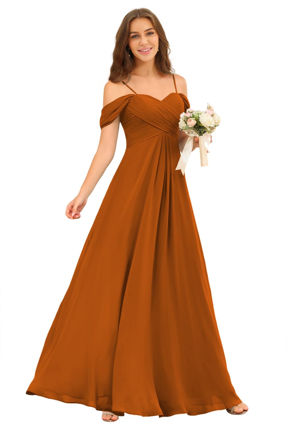 Photo 1 of Miao Duo Women's Long Off Shoulder Bridesmaid Dresses with Pockets Burnt Orange Chiffon A Line Formal Party Dresses Burnt Orange 10