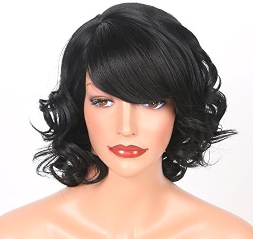 Short Wavy Wig With Bangs Heat Resistant Synthetic Hair Wig For Black Women Non Lace Machine Made Wig 16 Inch #1B