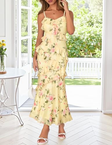 MEROKEETY Summer Floral Wedding Guest Maxi Dress Women 2026 Vacation Formal Bodycon Spaghetti Strap Cocktail Party Long Dress