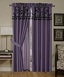 Chezmoi Collection 4-Piece Flocked Floral Faux Silk Window Curtain Set with Sheer Backing Valance , Violet/Black