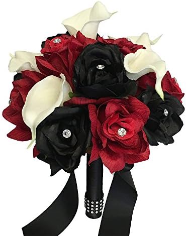 Build Your Wedding Package-Artificial Flower Bouquet Corsage Boutonniere Rose Calla Lily Red White Black Wedding Theme (Bridesmaid (A)-Rose with Calla Lily)