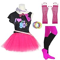 FUNDAISY Gilrs 80s Costume Accessories Fancy Outfit Dress for 1980s Theme Party Supplies (Hot Pink, 8-10 Years)