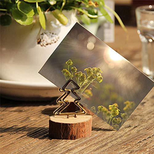 Wooden Base Place Card Holder, Amytalk 12 Sets Real Wood table numbers card holders With Christmas Tree Metal Shape, Table Card, Photo Card, Menu Card, Name Card Holder Memo Clips Mem (Christmas Tree)