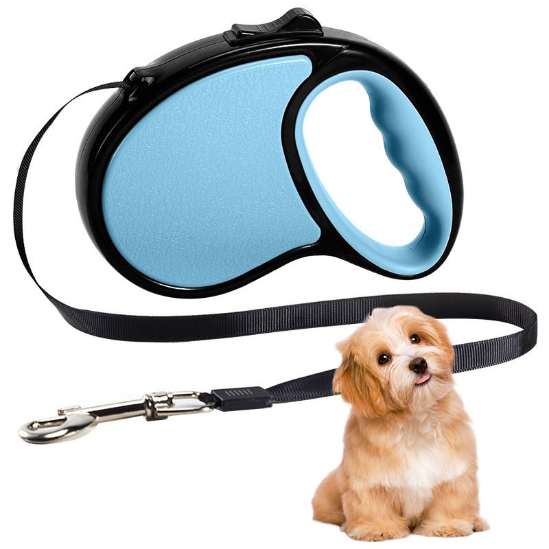 Retractable Dog Lead, 5m/20kg Blue Heavy-Duty Extendable Dog Leads for Small to Medium Dogs; 360°Tangle-Free Smooth Nylon Tape Ribbon Leash, One-Handed Brake&Lock, Bonus Training (Blue)