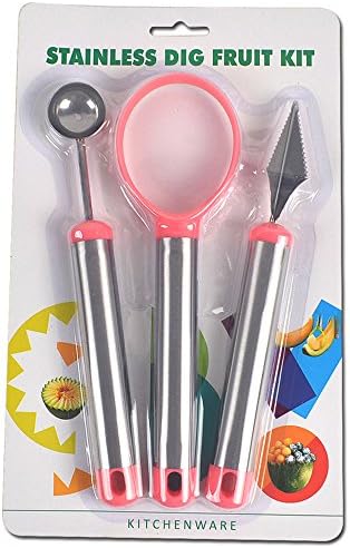 LANCANE 3-in-1 Stainless Fruit Tools Set Melon Baller &amp; Carving Knife &amp; Fruit Scoop Multi-functional Tool for Fruit Bar (Pink)