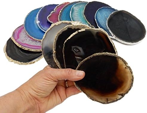 4 (FOUR) Agate Coaster - Agate Slice Coasters Rock Paradise COA (DarkBrnBlkGold)