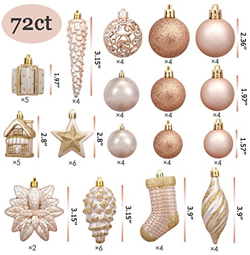 AMS 72ct Christmas Ball Assorted Pendant Shatterproof Ball Ornament Set Seasonal Decorations with Reusable Hand-help Gift Boxes Ideal for Xmas, Holiday and Party(72ct, Champagne)