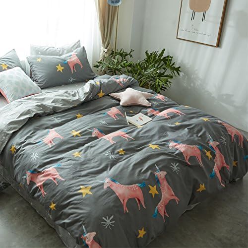 Lison 4 Pcs Duvet Bedding Sheet Cover Set 100% Full Cotton Printed Kids Adult (unicorn)