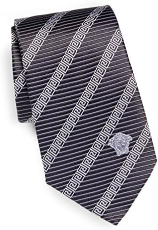 Versace Men's Greek Key Stripe Italian Silk Tie, OS, Grey