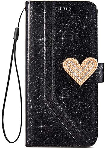 Ukayfe Cover Compatible with Samsung Galaxy J4 2018, Wallet Leather Case with Heart-shaped Diamond Magnetic Buckle, Glitter PU Phone Case with Internal Silicone TPU Cover/Card Slot/Shockproof - Black