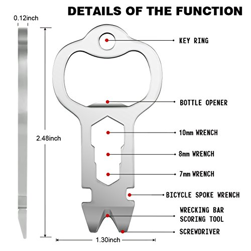 Keychain Multi-Tool EDC Mini-Tool 10-in-1 Key Tool (Bottle Opener Nail Puller Bicycle Tool Box Opener Screw Driver Cord Cutter 7/8/10mm Wrench) Stainless Steel (key chain size, silver)
