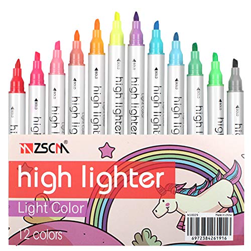 ZSCM 12 Colors Double Highlighters Pens Assorted Colors, Broad and Fine Tips, Highlighter Pastel Marker Set for Student Office Classroom (12 Colors)