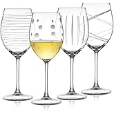 Joeyan Hand Blown Etched Red and White Wine Glasses,Stemmed Glasses with Stripes and Dots Pattern,Clear Carved Long Stem Glassware Set for Wine Tasting Birthday Anniversary Wedding,19 oz,Set of 4