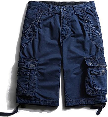 RockJay Summer New Cargo Shorts Men Cotton Solid Mid-Waist Casual Plus Size Multi-Pocket Men Shorts Blue 32