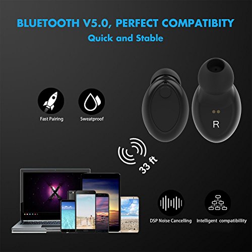 Wireless Earbuds, Cshidworld Bluetooth 5.0 Headphones Noise Cancelling Mini Headset IPX5 Sweatproof Invisible Sports in Ear Earphones with Built-in Mic for Smartphones Laptop
