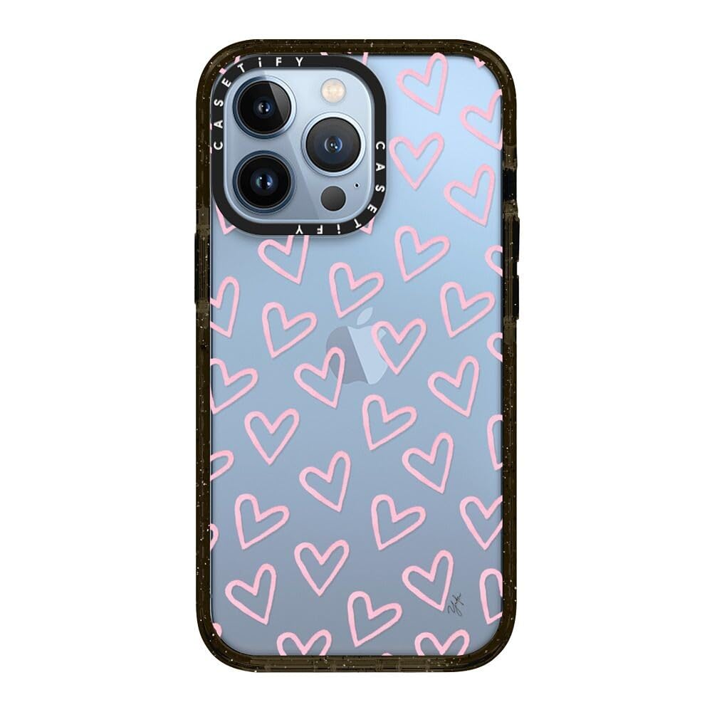 CASETiFY Impact Case for iPhone 13 Pro [Slim / 8.2 ft. 4X Military Grade Drop Protection/Wireless Charging Compatible] - Hearts/Light Pink Thin - Clear Black Image