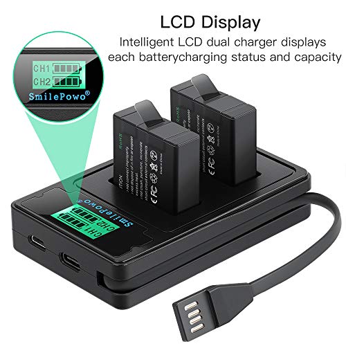 SmilePowo 1480Mah Replacement Battery(2 Pack) and LCD Display USB Charger for GoPro Hero 7 Black, Hero 6 Black,Hero 5 Black,Hero 2018,AHDBT-501,Gopro Accessories(Fully Compatible with Original)