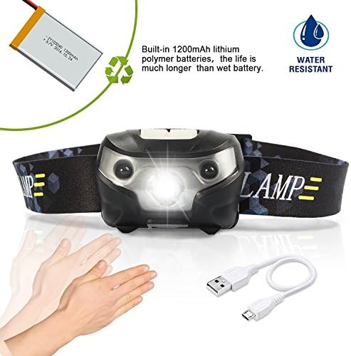 USB Rechargeable LED Headlamp Flashlight With 3 Modes Induction switch-Super Bright,Waterproof,Impact Resistant,LightWeight,Comfortable,Running,Walking,Camping, Reading, Hiking &amp; More, Cable Included