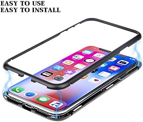 iPhone X Case,Ultra Thin Magnetic Adsorption Metal Frame with Clear Aluminum Alloy Tempered Glass Compatible iPhone X,Support Wireless Charging,Black