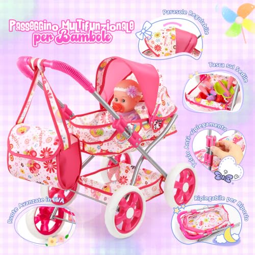 HappyGoLucky Baby Stroller with 28 cm Doll, Clothes and Accessories Dolls Roleplay Girl 3-7 Years Dolls Pram Gift Girl 2-8 Years Toys Child