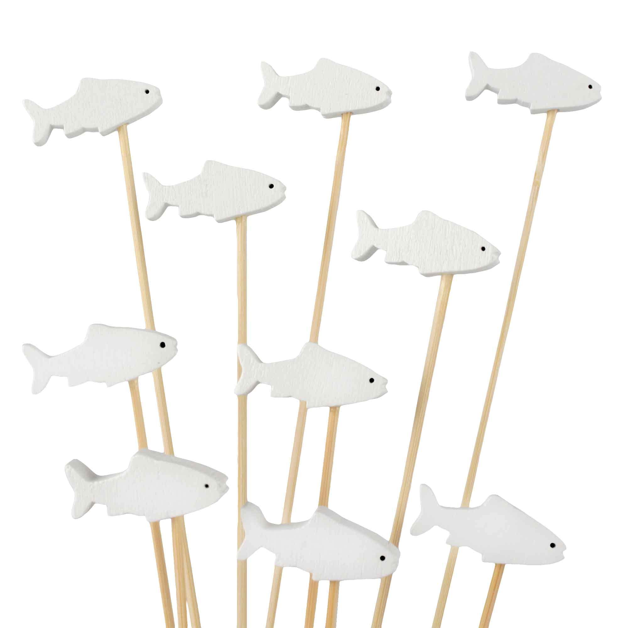 BambooMN 4.7 Inch White Fish Cocktail Appetisers Bamboo Toothpick Picks, Stirrer Sticks for Fruit Party, Charcuterie Accessories and Drinks, 300 Pieces